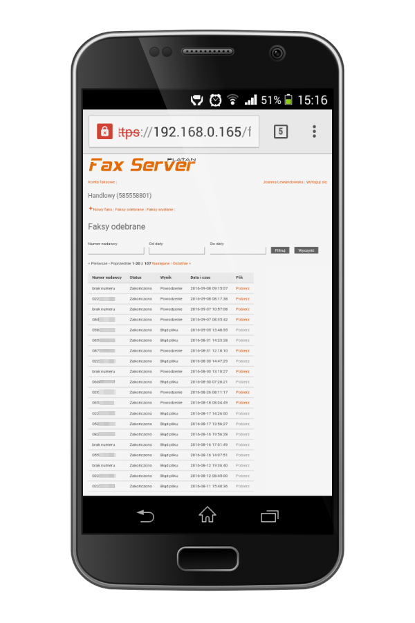 Platan Fax Server na smartfonie lub tablecie